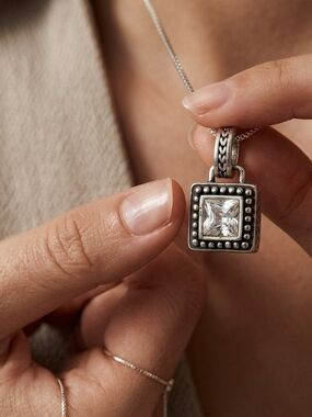 Vintage Silver Tone Square Clear Rhinestone Princess Cut Pendant Beaded Frame